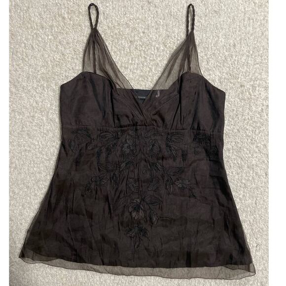 Elie Tahari Stila Blouse Womens M Surplice Neck Embroidered Cami Brown MSRP $228 - Picture 1 of 12